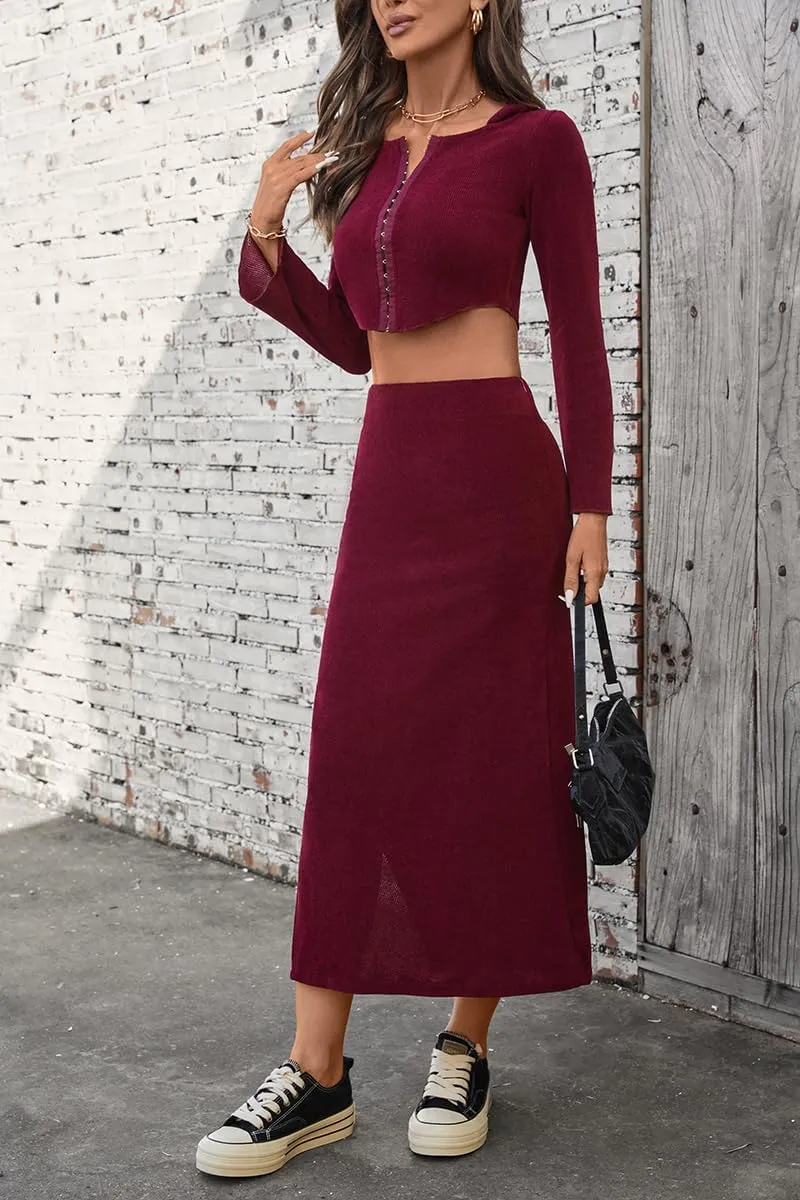 olrain Y2K Women 2 Piece Outfits Long Sleeve Boat Neck Crop Top High Waist Slit Bodycon Skirt Sets Ribbed Knit Spring Fall