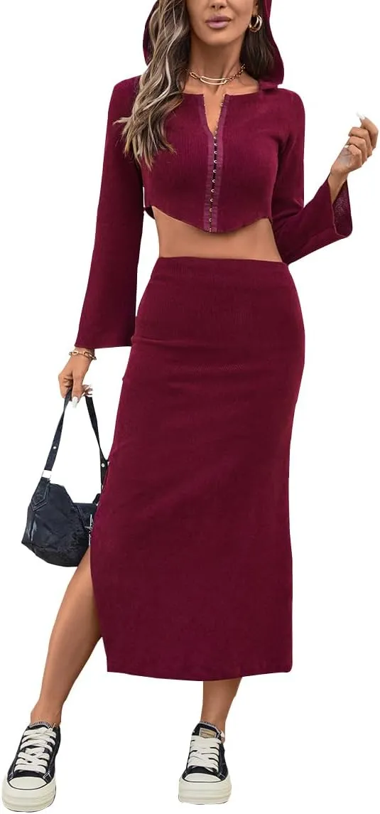olrain Y2K Women 2 Piece Outfits Long Sleeve Boat Neck Crop Top High Waist Slit Bodycon Skirt Sets Ribbed Knit Spring Fall