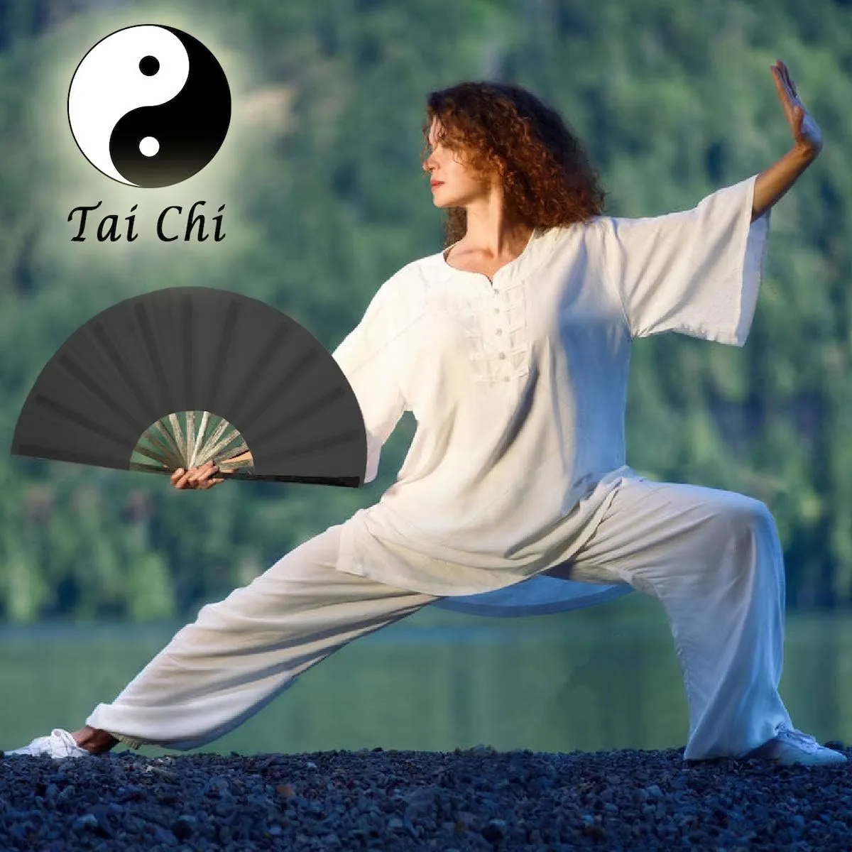 OMyTea Large Rave Clack Fan for Line Dancing - Boots on The Ground Folding Hand Fan - Foldable Chinese Tai Chi Kung Fu Fan - for EDM, Music Festival, Hot Flashes, Party, Decoration (Black)
