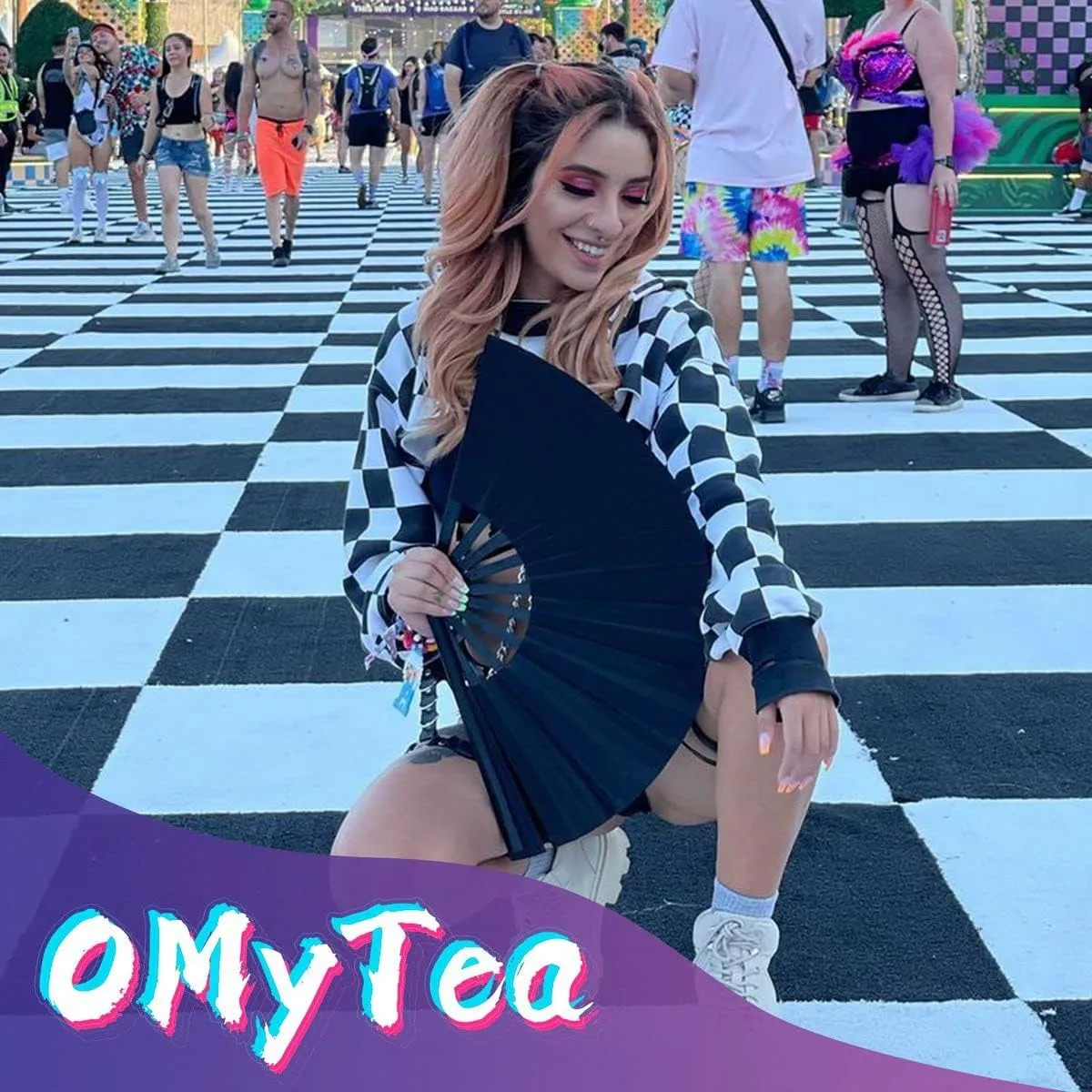 OMyTea Large Rave Clack Fan for Line Dancing - Boots on The Ground Folding Hand Fan - Foldable Chinese Tai Chi Kung Fu Fan - for EDM, Music Festival, Hot Flashes, Party, Decoration (Black)