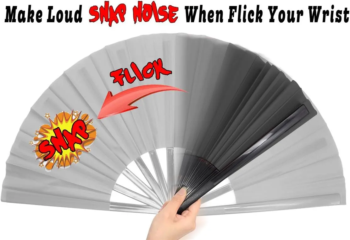 OMyTea Large Rave Clack Fan for Line Dancing - Boots on The Ground Folding Hand Fan - Foldable Chinese Tai Chi Kung Fu Fan - for EDM, Music Festival, Hot Flashes, Party, Decoration (Black)