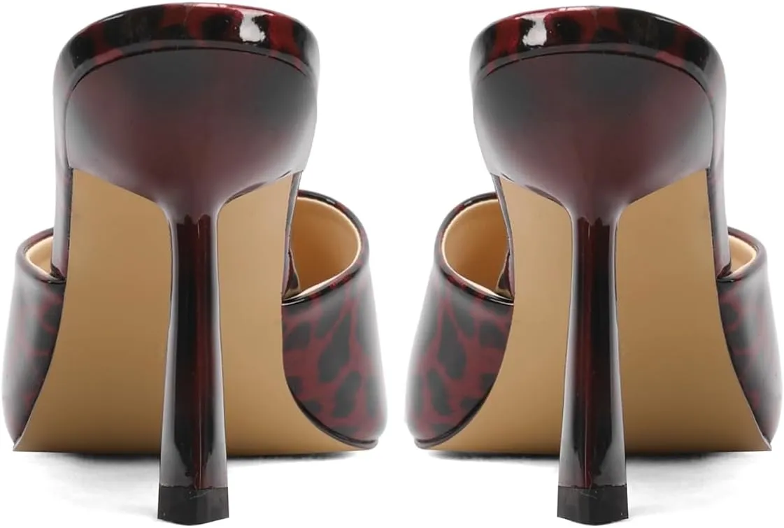 Open-Toe Patent Leather Kitten Heel Mules with Slim Stiletto for Women Sexy Leopard Print Slip On Square-Toe Slide Sandals