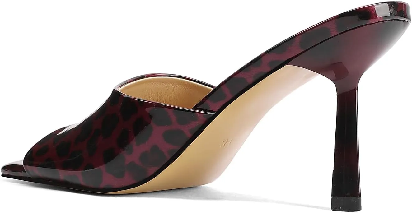 Open-Toe Patent Leather Kitten Heel Mules with Slim Stiletto for Women Sexy Leopard Print Slip On Square-Toe Slide Sandals