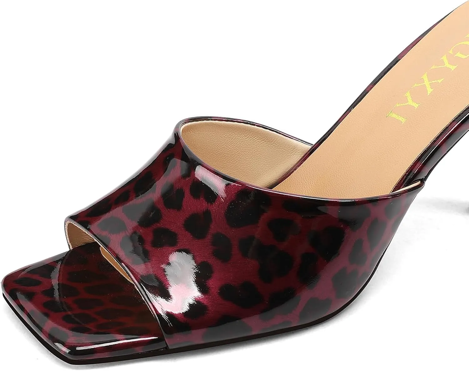 Open-Toe Patent Leather Kitten Heel Mules with Slim Stiletto for Women Sexy Leopard Print Slip On Square-Toe Slide Sandals