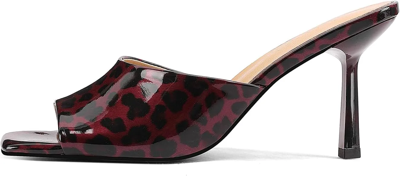 Open-Toe Patent Leather Kitten Heel Mules with Slim Stiletto for Women Sexy Leopard Print Slip On Square-Toe Slide Sandals