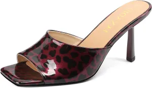 Open-Toe Patent Leather Kitten Heel Mules with Slim Stiletto for Women Sexy Leopard Print Slip On Square-Toe Slide Sandals
