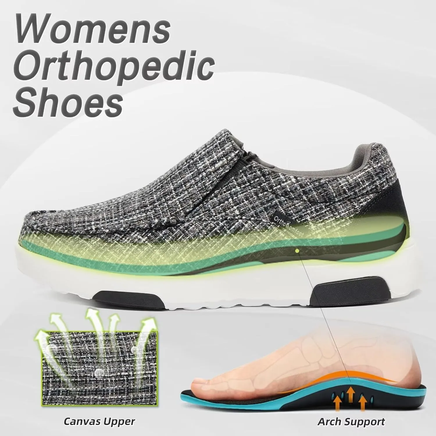 OrthoComfoot Women's Orthopedic Comfortable Walking Shoes, Casual Arch Support Slip-On Shoes for Plantar Fasciitis, Breathable Orthotic Loafers for Foot and Heel Pain Relief