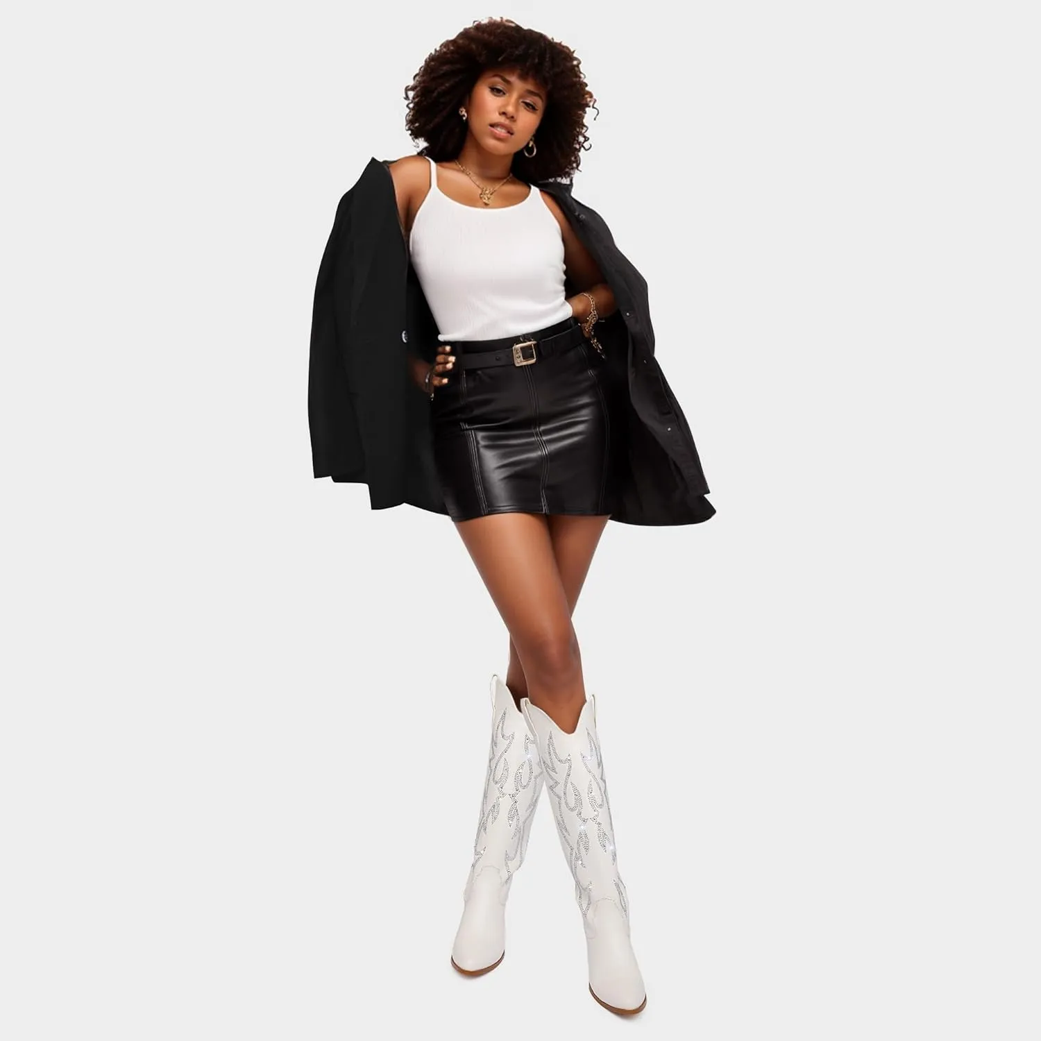 Ouepiano Cowboy Boots for Women Knee High Cowgirl Boots Embroidered Chunky Heels Pointed Toe Long Tall Western Boot Pull On