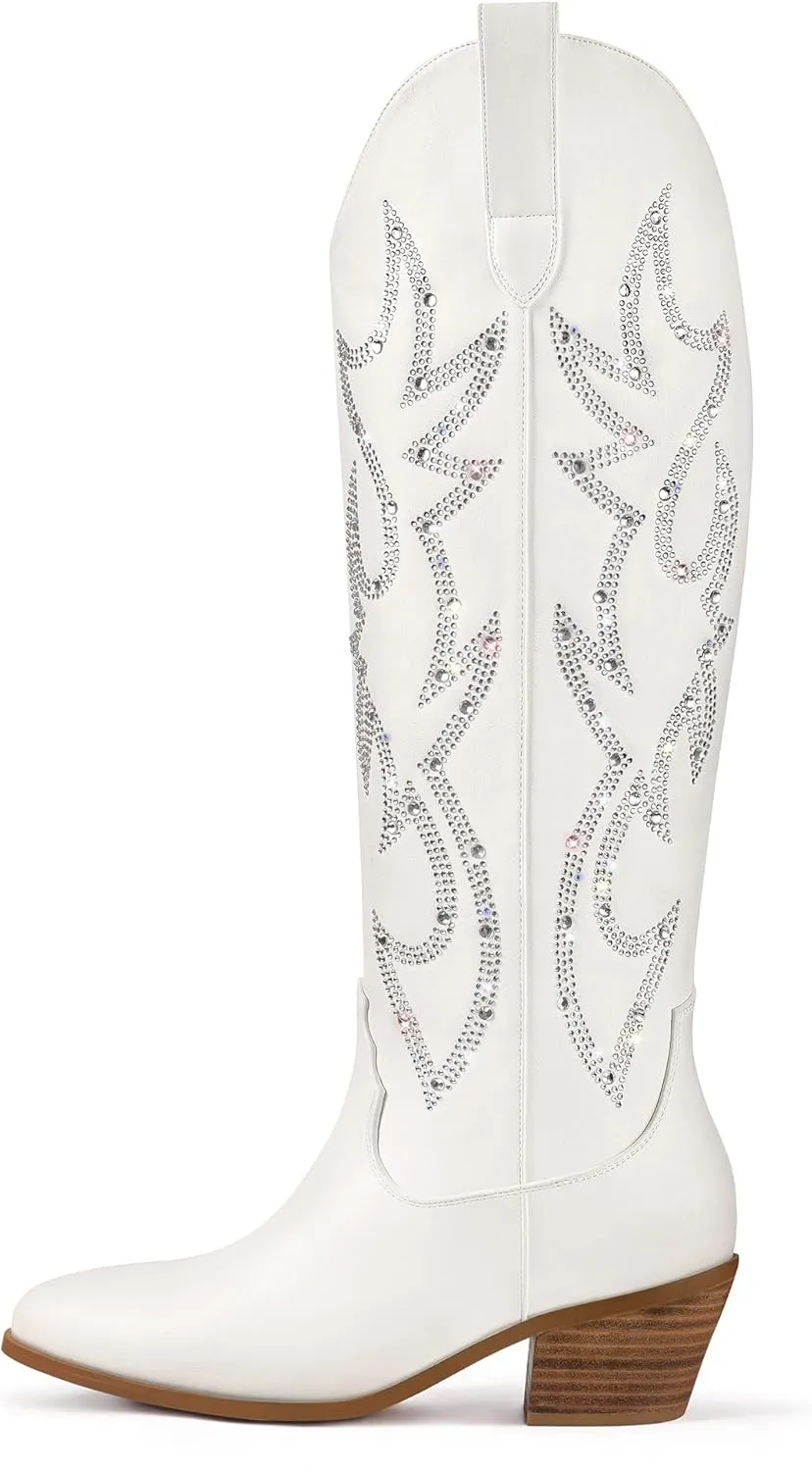 Ouepiano White Cowgirl Boots Women Cowboy Knee High Tall Boots Chunky Heel Pointed Toe Pull-On Western Wide Calf Boats Country Fashion