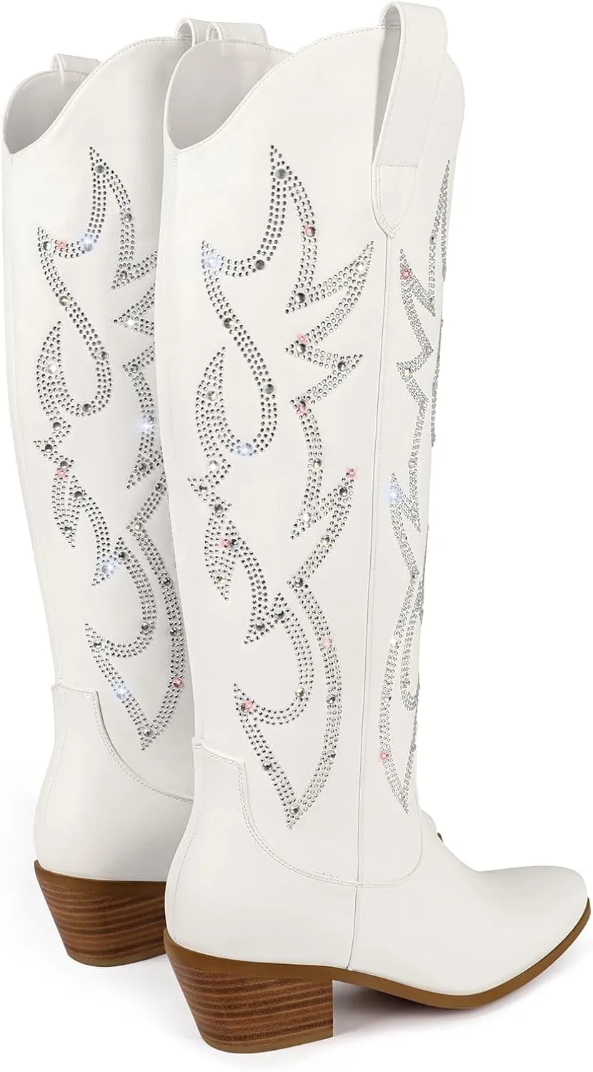 Ouepiano White Cowgirl Boots Women Cowboy Knee High Tall Boots Chunky Heel Pointed Toe Pull-On Western Wide Calf Boats Country Fashion