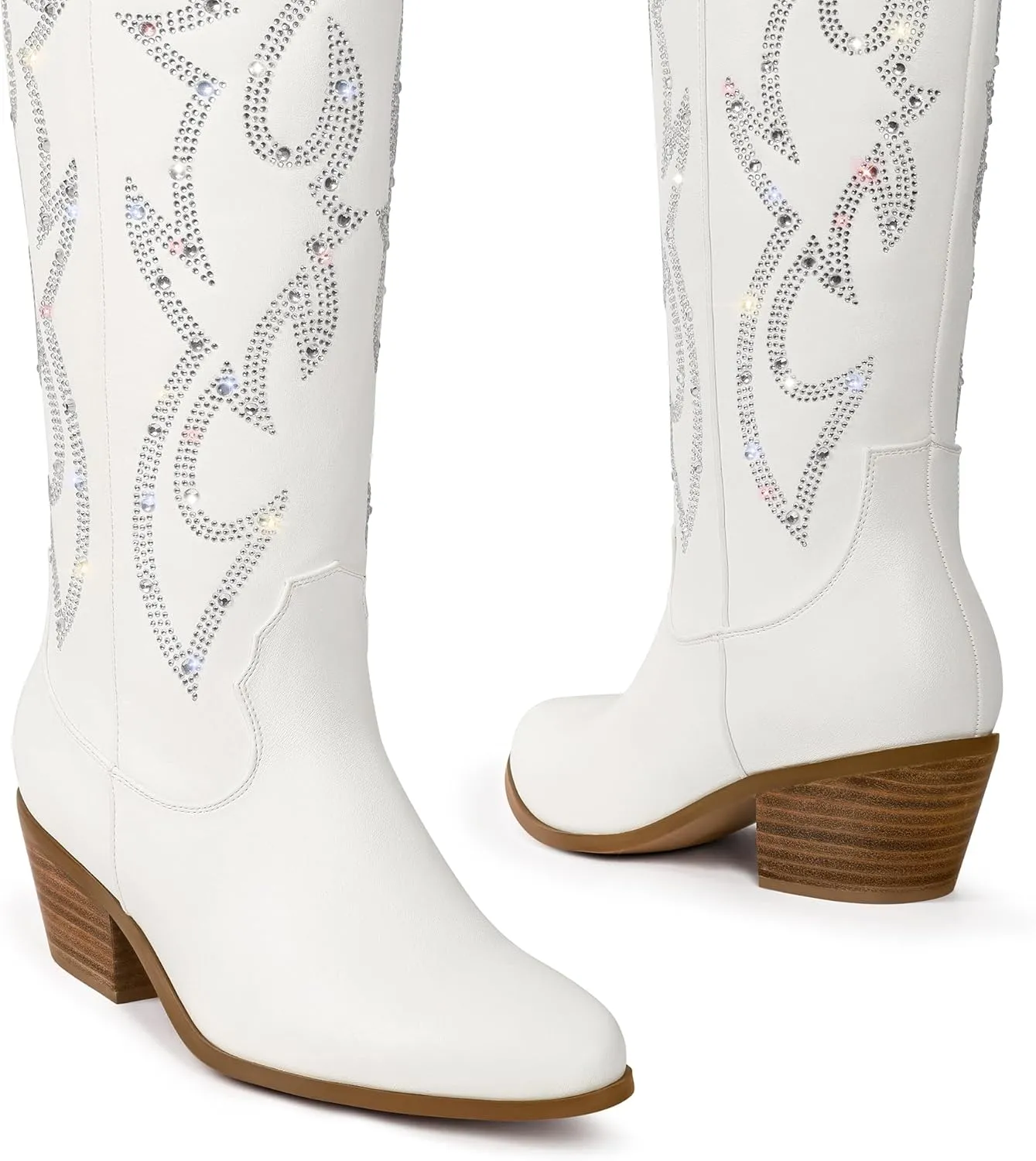 Ouepiano White Cowgirl Boots Women Cowboy Knee High Tall Boots Chunky Heel Pointed Toe Pull-On Western Wide Calf Boats Country Fashion