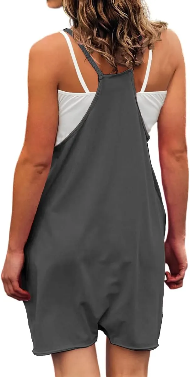 OUFEIYA Womens Casual Sleeveless Adjustable Strap Loose Solid Jumpsuits Baggy Stretchy Long Pant Romper Overalls with Pockets
