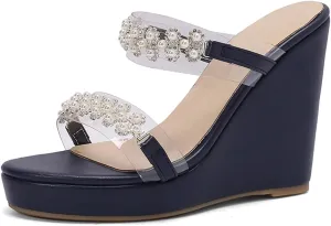 Pearl Wedge Heels for Women Clear Chunky Heel Sandals Two Strap Round Toe Sandals US3-13.5