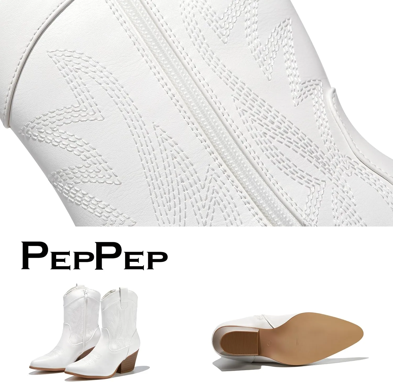 PEPPEP Western Cowgirl Cowboy Ankle Boots for Women or Ladies, Mid Calf, Vegan Leather Embroidered Upper, Low Heel, Fashionable Pointed-toe, Well Made