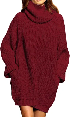 Pink Queen Women's Loose Turtleneck Oversize Long Pullover Sweater Dress