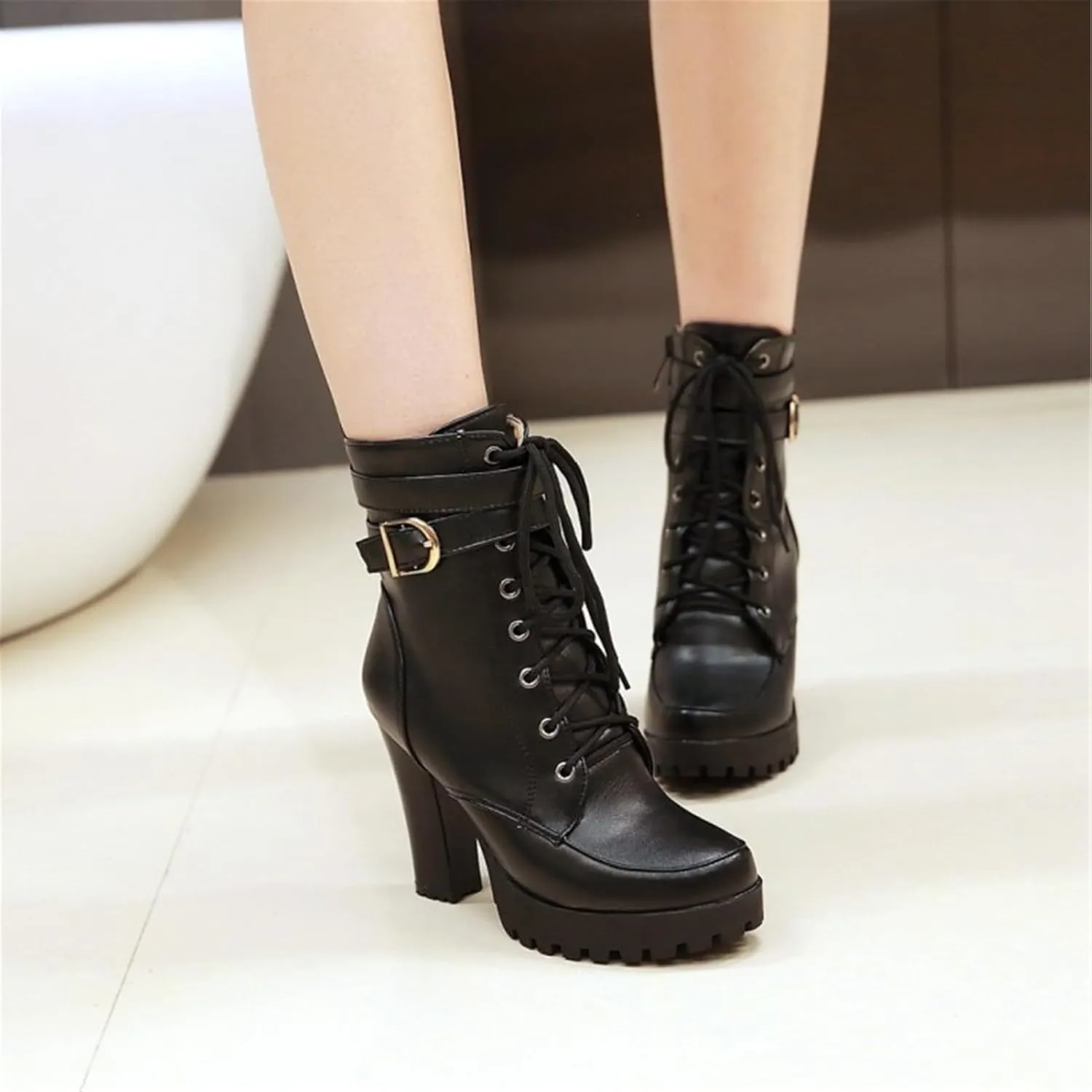 Platform Boots For Women Black Chunky Boot Goth Ankle Booties Bead Lace Lolita Dress Shoes With Zipper