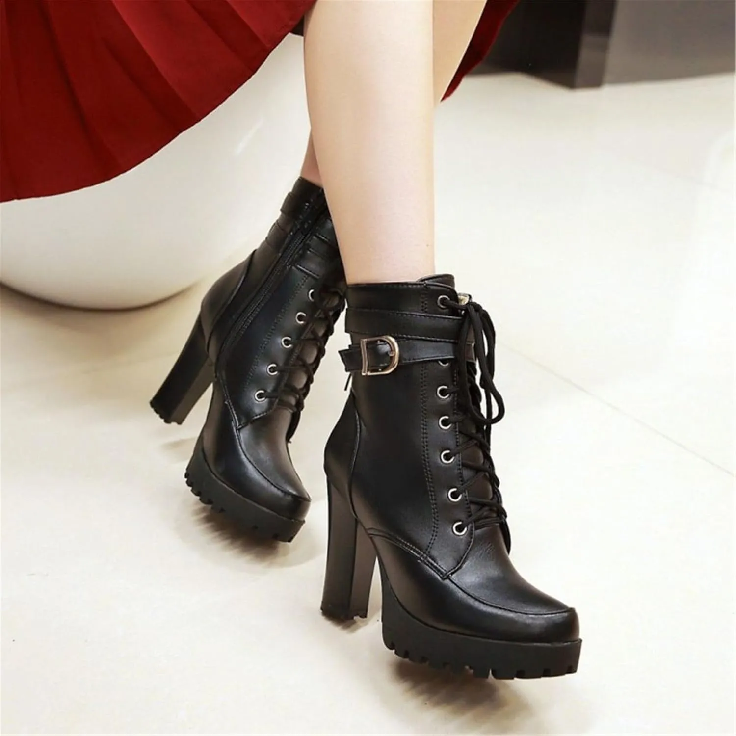 Platform Boots For Women Black Chunky Boot Goth Ankle Booties Bead Lace Lolita Dress Shoes With Zipper