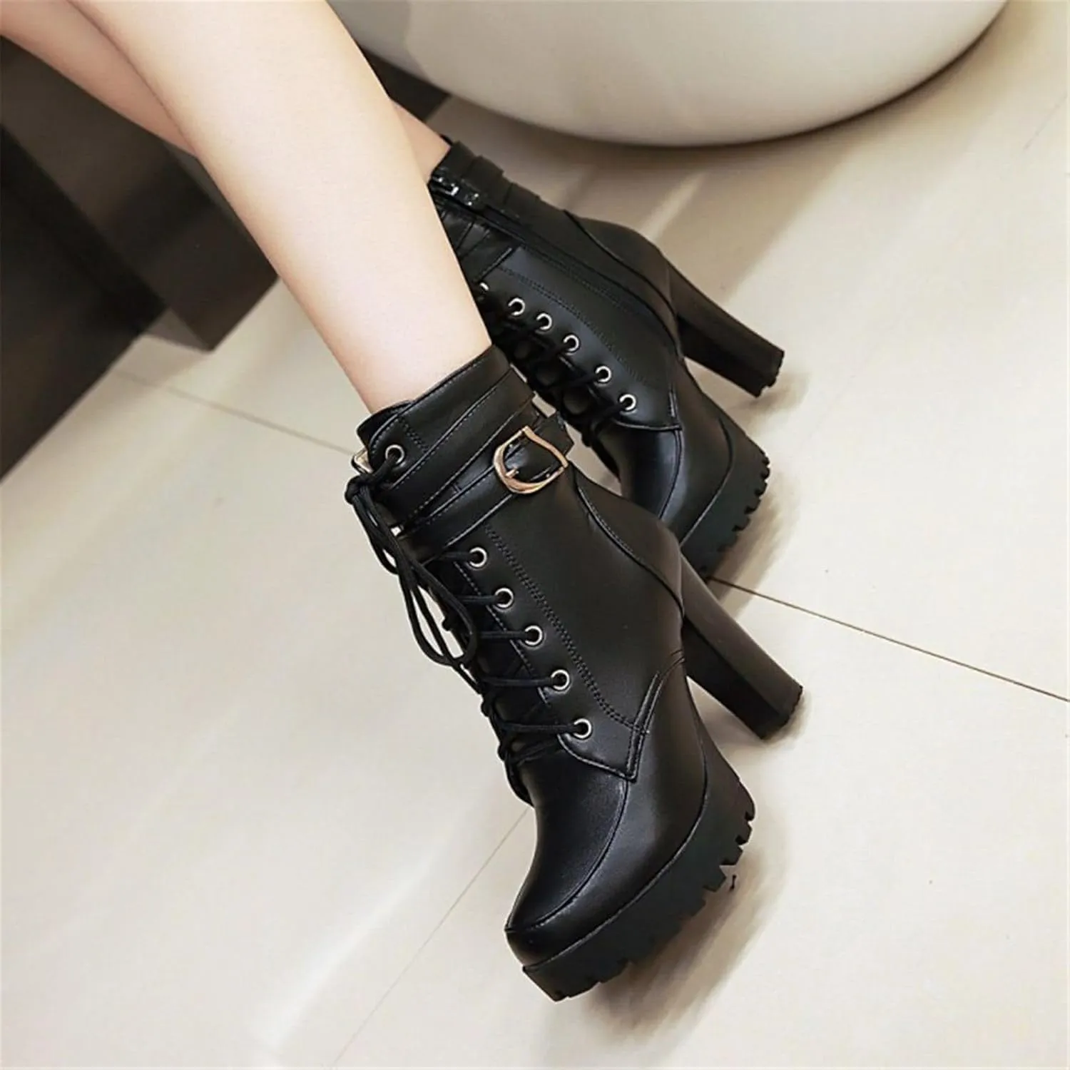 Platform Boots For Women Black Chunky Boot Goth Ankle Booties Bead Lace Lolita Dress Shoes With Zipper