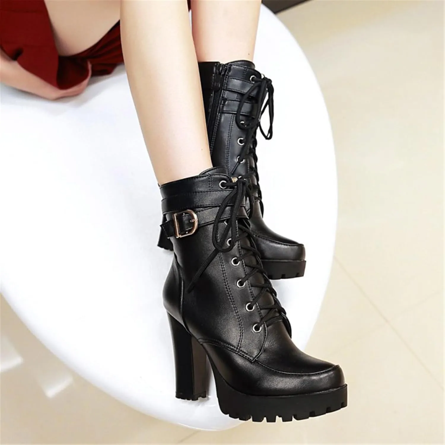 Platform Boots For Women Black Chunky Boot Goth Ankle Booties Bead Lace Lolita Dress Shoes With Zipper
