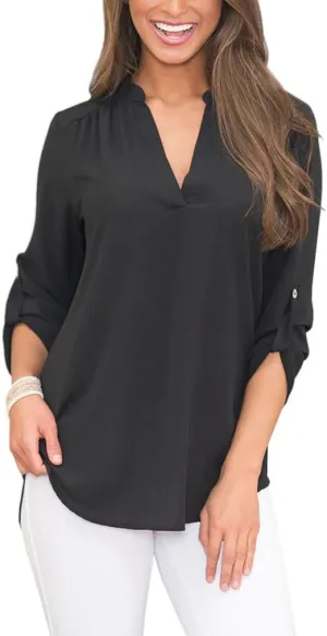 Poetsky 2025 Womens Tops 3/4 Length Sleeve Shirts V Neck Blouses Dressy Casual Pleated Tunic Tops Roll Up
