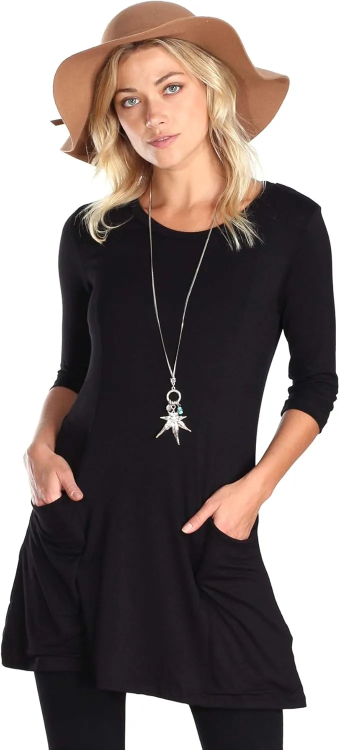 Popana Womens 3/4 Sleeve Tunic Top with Pockets - Made in USA Long Shirts to Wear with Leggings - Tunic Pullover for Women