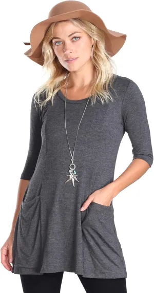 Popana Womens 3/4 Sleeve Tunic Top with Pockets - Made in USA Long Shirts to Wear with Leggings - Tunic Pullover for Women