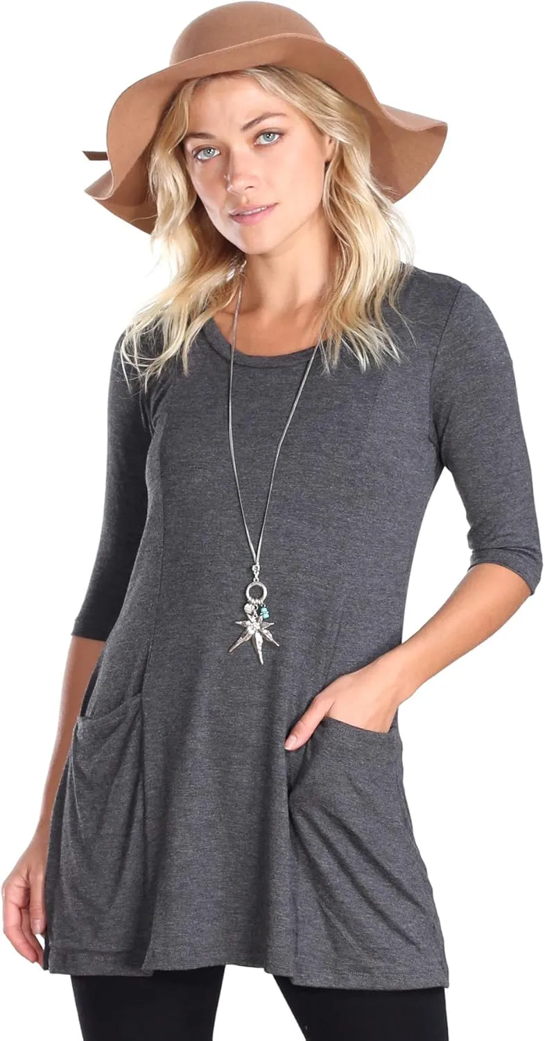Popana Womens 3/4 Sleeve Tunic Top with Pockets - Made in USA Long Shirts to Wear with Leggings - Tunic Pullover for Women