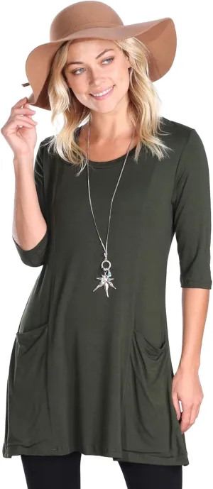 Popana Womens 3/4 Sleeve Tunic Top with Pockets - Made in USA Long Shirts to Wear with Leggings - Tunic Pullover for Women