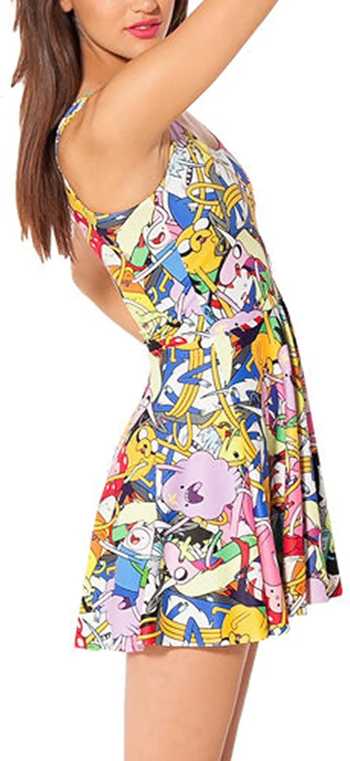 QZUnique Women's Cartoon Printed Stretchy Sleeveless Pleated Fit and Flare Skater Dress