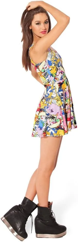 QZUnique Women's Cartoon Printed Stretchy Sleeveless Pleated Fit and Flare Skater Dress