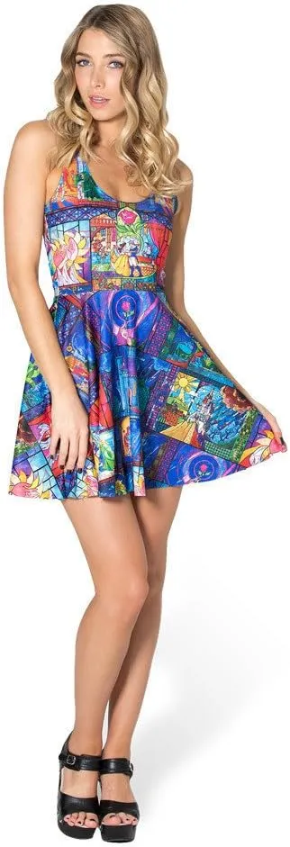 QZUnique Women's Cartoon Printed Stretchy Sleeveless Pleated Fit and Flare Skater Dress