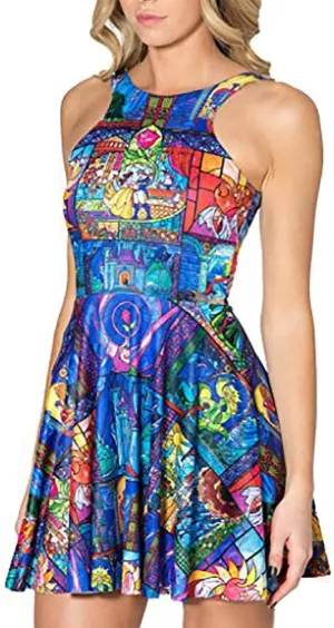 QZUnique Women's Cartoon Printed Stretchy Sleeveless Pleated Fit and Flare Skater Dress