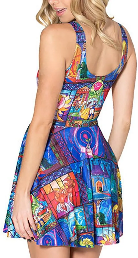 QZUnique Women's Cartoon Printed Stretchy Sleeveless Pleated Fit and Flare Skater Dress