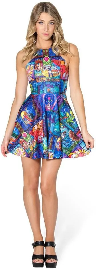QZUnique Women's Cartoon Printed Stretchy Sleeveless Pleated Fit and Flare Skater Dress