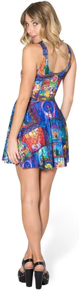 QZUnique Women's Cartoon Printed Stretchy Sleeveless Pleated Fit and Flare Skater Dress