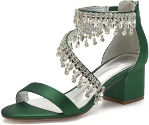 Rhinestones Wedding Sandals Block Heel Open Toe 2" Chunky Heels for Bride Women Dress Shoes