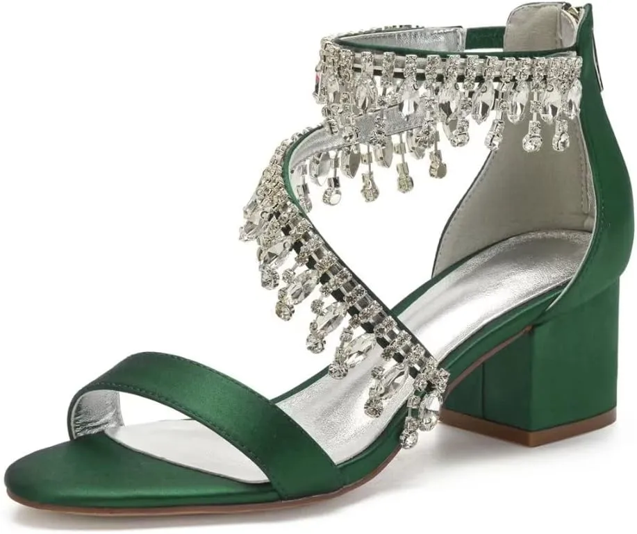 Rhinestones Wedding Sandals Block Heel Open Toe 2" Chunky Heels for Bride Women Dress Shoes