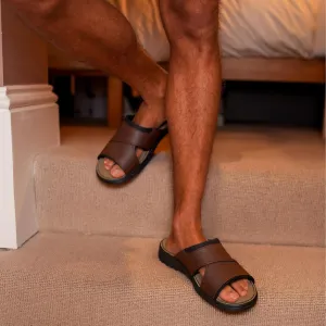 riemot Men's Leather Sandals Memory Foam Footbed Summer Beach Sandals Thick Sole Non-slip Lightweight Slides Brown US11