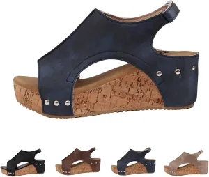 Rivet Wedge Sandals,Lightweight & Easy Slipon Rivet Decor Platform Sandal,Open Toe Buckle Ankle Strap Casual Summer Shoes