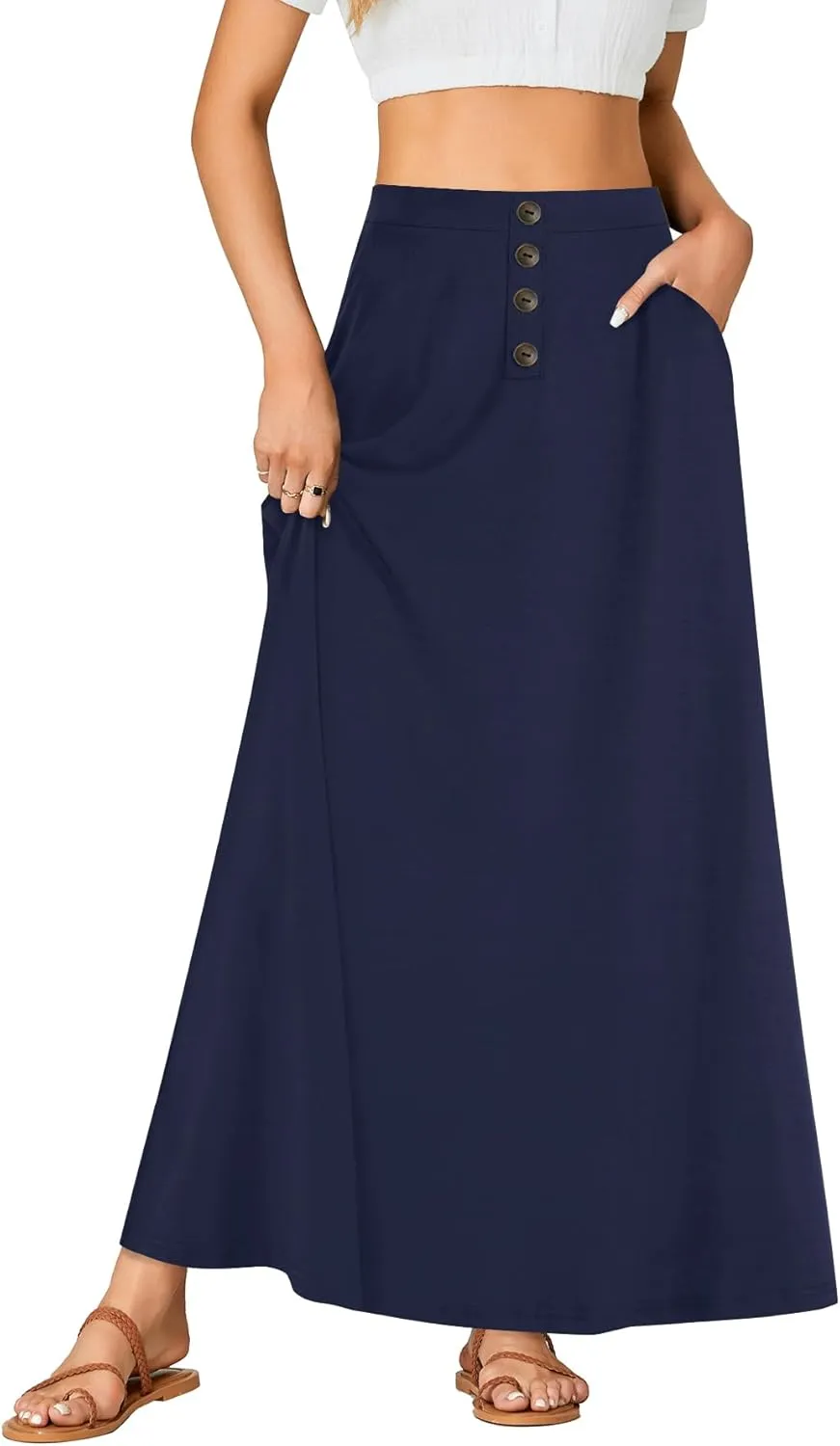 Rooscier Women's High Waist Button Front A-Line Long Maxi Skirt with Pockets