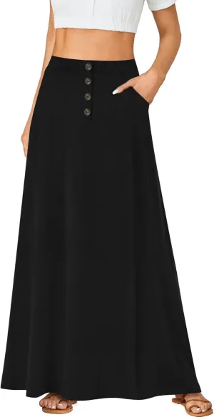 Rooscier Women's High Waist Button Front A-Line Long Maxi Skirt with Pockets