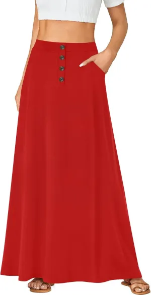 Rooscier Women's High Waist Button Front A-Line Long Maxi Skirt with Pockets