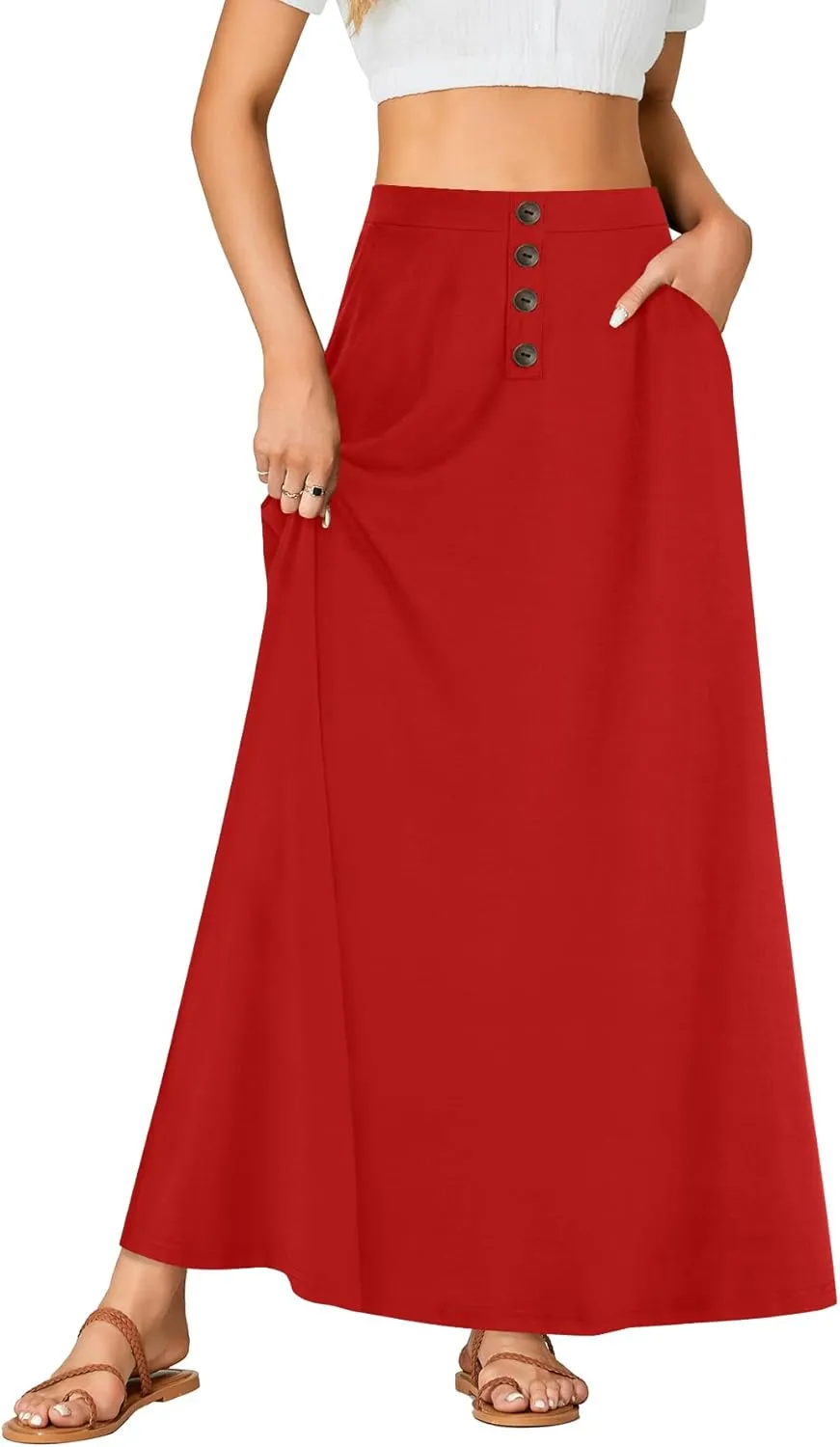 Rooscier Women's High Waist Button Front A-Line Long Maxi Skirt with Pockets