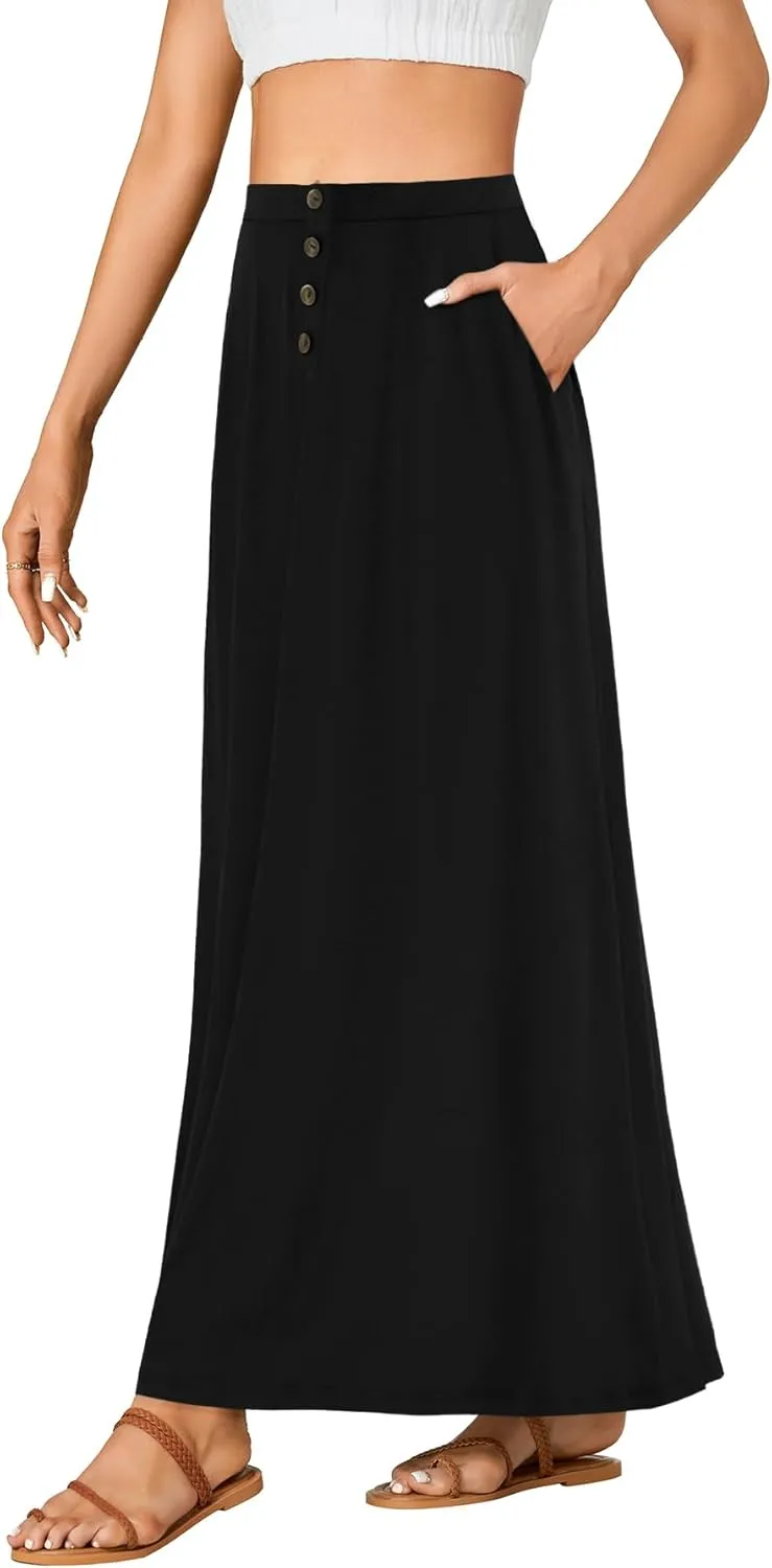 Rooscier Women's High Waist Button Front A-Line Long Maxi Skirt with Pockets