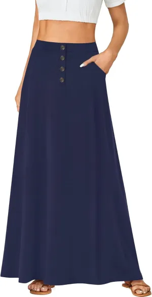 Rooscier Women's High Waist Button Front A-Line Long Maxi Skirt with Pockets