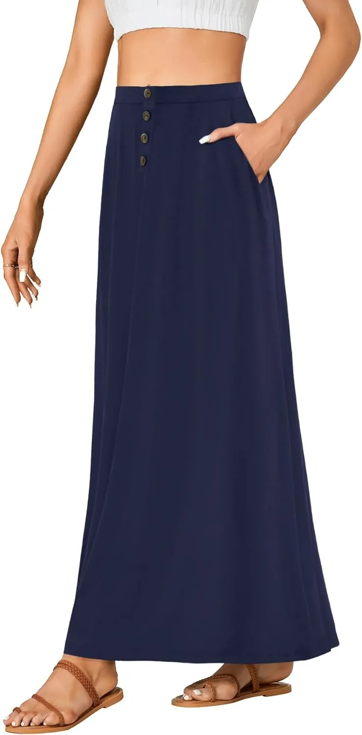 Rooscier Women's High Waist Button Front A-Line Long Maxi Skirt with Pockets