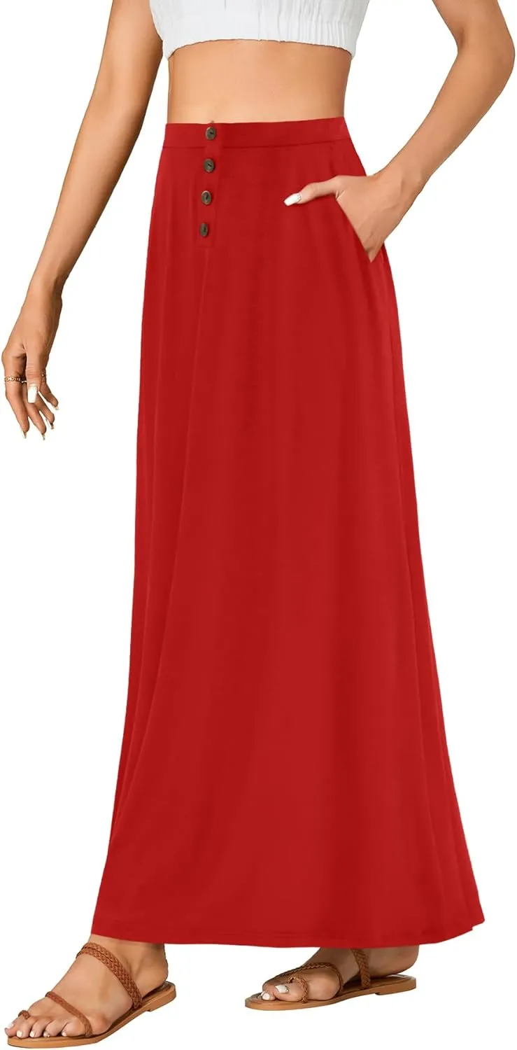 Rooscier Women's High Waist Button Front A-Line Long Maxi Skirt with Pockets