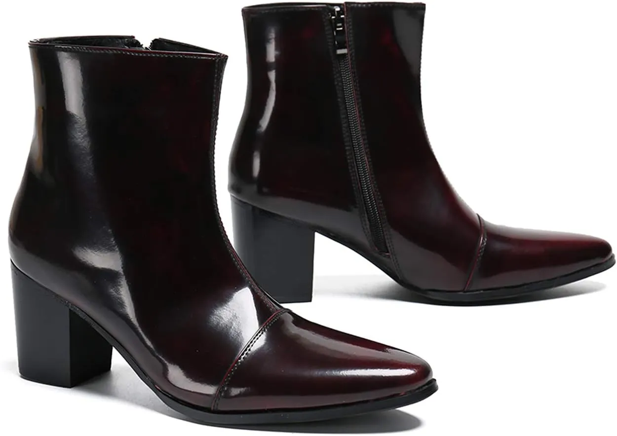 Santimon Mens Boots Casual Patent Leather Chelsea Dress Boots Zipper on Side Mid Calf Boots for Men