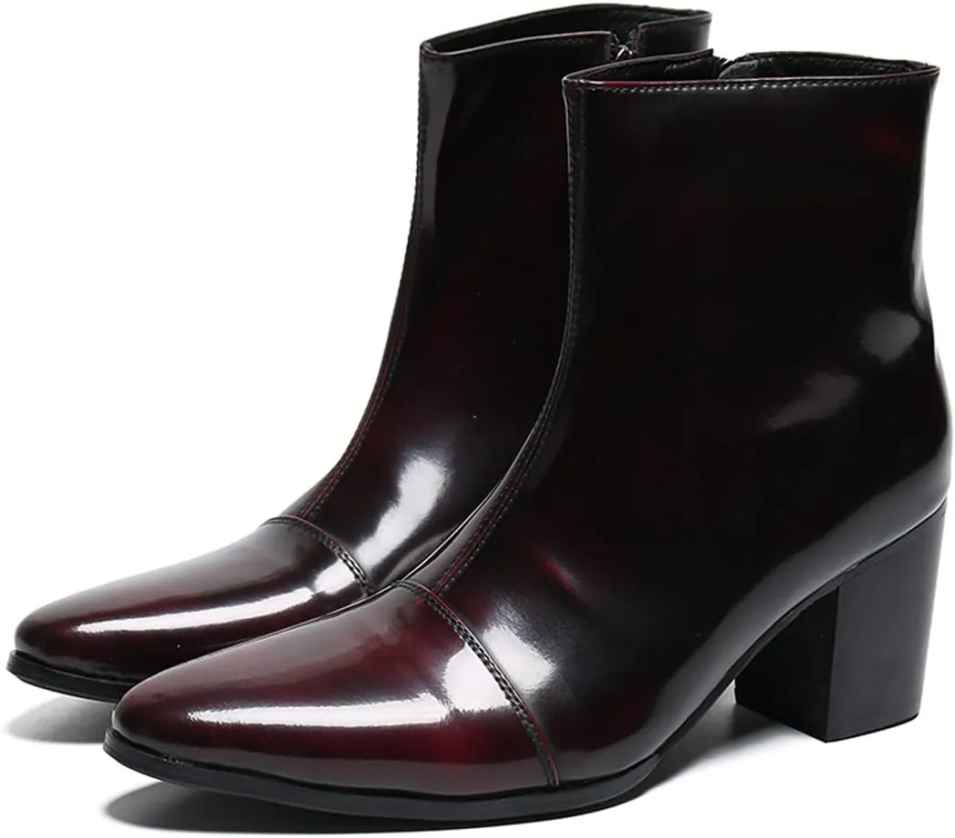 Santimon Mens Boots Casual Patent Leather Chelsea Dress Boots Zipper on Side Mid Calf Boots for Men