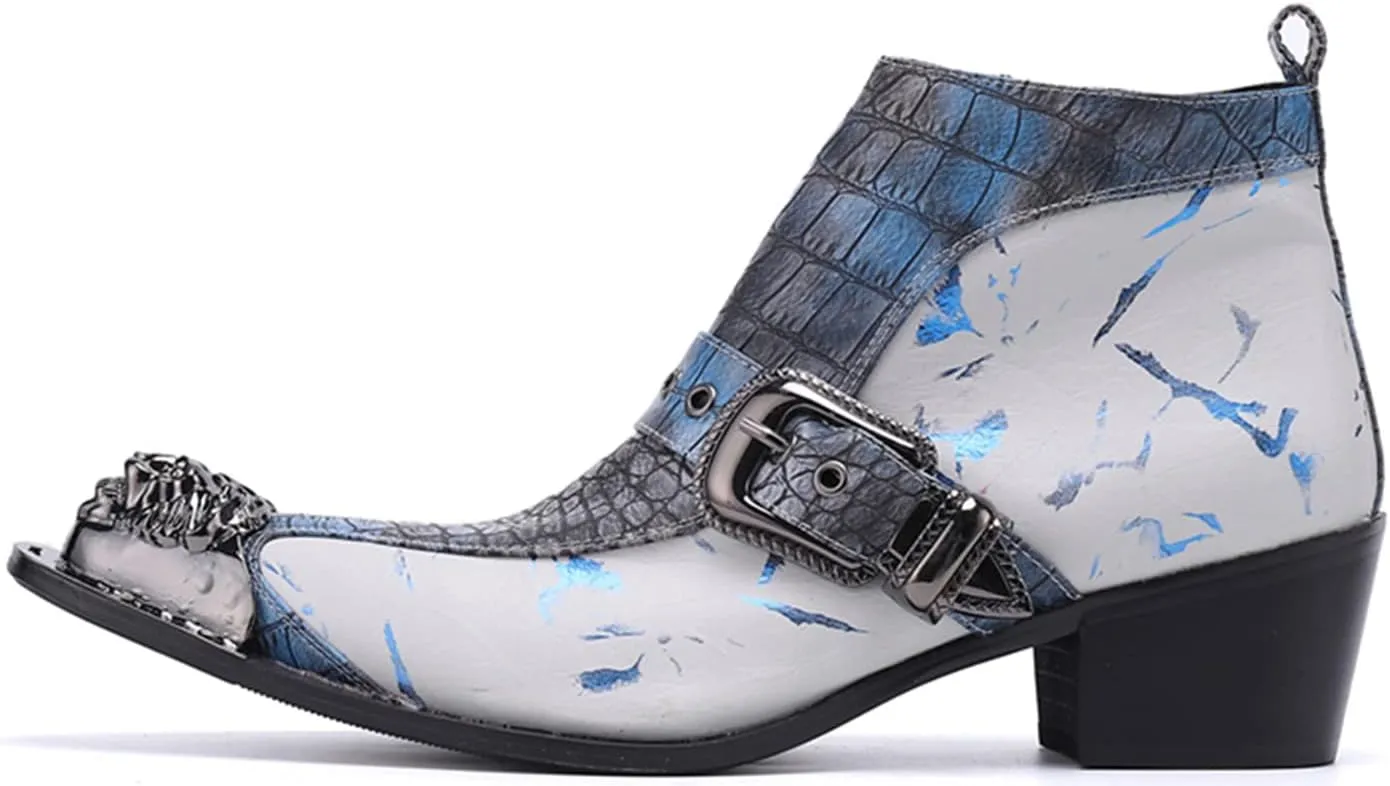 Santimon Mens Chelsea Boots Dress Casual Party Metal Tip Toe Genuine Leather Two Tone Snake Skin Texture Zipper Buckle Ankle Boots Fashion Western Cowboy Disco Ballroom Prom Chukka Boots